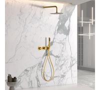 IMEX - Ducha Empotrada Termostática Dorada | Conjunto de Grifería Empotrado con Alcachofa y Rociador Antical Efecto Lluvia | Ducha Empotrada con Grifo en Latón y Acero Inox S.304 | Serie Assen