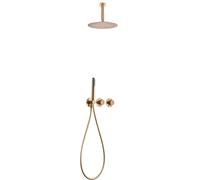 IMEX - Ducha Empotrada Termostática Oro Rosa | Kit de Grifería Empotrado con Alcachofa y Rociador Antical Efecto Lluvia | Columna Ducha Empotrada con Grifo en Latón y Acero Inox S.304| Serie Breda