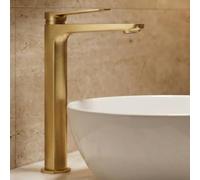 IMEX - Grifo Alto Lavabo Dorado | Grifo Baño Mezclador Agua Fria y Caliente | Grifería Monomando Efeto Cascada con Caño de Latón y Ahorro de Agua | Serie Nápoles | Color Oro Cepillado
