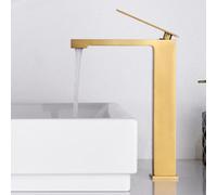 IMEX - Grifo Alto Lavabo Dorado | Grifo Baño Mezclador Agua Fria y Caliente | Grifería Monomando Efeto Cascada con Caño de Latón y Ahorro de Agua | Serie Pisa | Color Oro Cepillado