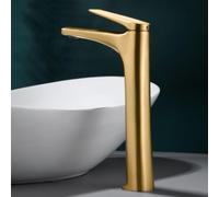 IMEX - Grifo Alto Lavabo Dorado | Grifo Baño Mezclador Agua Fria y Caliente | Grifería Monomando Efeto Cascada con Caño de Latón y Ahorro de Agua | Serie Delos | Color Oro Cepillado