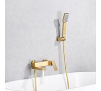 IMEX - Grifo Bañera y Ducha Monomando Dorado | Grifo Mezclador de Pared con Soporte Alcachofa de Ducha y Manguera | Grifería en Latón y Acero Inoxidable S.304 | Serie Pisa | Color Oro Cepillado