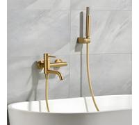 IMEX - Grifo Bañera y Ducha Monomando Dorado | Grifo Mezclador de Pared con Soporte Alcachofa de Ducha y Manguera | Grifería en Latón y Acero Inoxidable S.304 | Serie Monza | Color Oro Cepillado