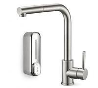 IMEX - Grifo de Cocina Extraíble Acero Inoxidable S.316 Cepillado con Dosificador de Jabón de 350 ml - Grifería Monomando de Caño Alto para Interior y Exterior