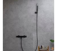 IMEX - Grifo de Ducha Termostatico con Alcachofa y Manguera | Grifo Ducha Negro Mate con Regulador de Temperatura Fría y Caliente | Grifería en Latón con Cartucho Autolimpiable | Serie Monza