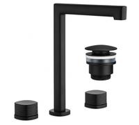IMEX - Grifo de Lavabo Bimando con Doble Manija Negro Mate, Mezclador con dos asas, grifo de 3 Agujeros para Sobre Encimera con Caño Alto, Dos Mandos de Agua Fría y Caliente + Válvula Clic-Clac