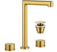IMEX - Grifo de Lavabo Bimando con Doble Manija Oro Cepillado, Mezclador con dos asas, grifo de 3 Agujeros para Sobre Encimera con Caño Alto, Dos Mandos de Agua Fría y Caliente + Válvula Clic-Clac