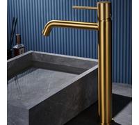 IMEX - Grifo Lavabo Dorado Caño Alto | Grifo para Lavabo de Baño con Agua Fría y Caliente | Grifería Monomando Efeto Cascada con Caño de Latón | Ahorro de Agua | Serie Monza | Color Oro