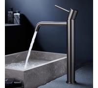 IMEX - Grifo Lavabo Negro Caño Alto | Grifo Baño Mezclador Agua Fria y Caliente | Grifería Monomando Efeto Cascada con Caño de Latón y Ahorro de Agua | Serie Monza | Color Black Gun Metal