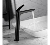 IMEX - Grifo Lavabo Negro Caño Alto | Grifo para Lavabo de Baño con Agua Fría y Caliente | Grifería Monomando Efeto Cascada con Caño de Latón | Ahorro de Agua | Serie Bélgica | Color Negro Mate