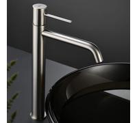 IMEX - Grifo Lavabo Negro Caño Alto | Grifo para Lavabo de Baño con Agua Fría y Caliente | Grifería Monomando Efeto Cascada con Caño de Latón | Ahorro de Agua | Serie Monza | Color Níquel