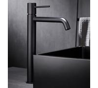 IMEX - Grifo Lavabo Negro Caño Alto | Grifo para Lavabo de Baño con Agua Fría y Caliente | Grifería Monomando Efeto Cascada con Caño de Latón | Ahorro de Agua | Serie Monza | Color Negro Mate