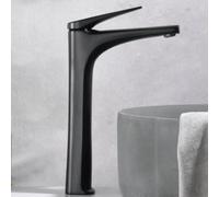 IMEX - Grifo Lavabo Negro Caño Alto | Grifo para Lavabo de Baño con Agua Fría y Caliente | Grifería Monomando Efeto Cascada con Caño de Latón | Ahorro de Agua | Serie Delos | Color Negro Mate