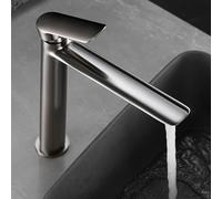 IMEX - Grifo Lavabo Níquel Caño Alto | Grifo Baño Mezclador Agua Fria y Caliente | Grifería Monomando Efeto Cascada con Caño de Latón y Ahorro de Agua | Serie Ural | Color Niquel Cepillado