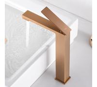 IMEX - Grifo Lavabo Oro Rosa Caño Alto | Grifo Baño Mezclador Agua Fria y Caliente | Grifería Monomando Efeto Cascada con Caño de Latón y Ahorro de Agua | Serie Pisa | Color Oro Rosa Cepillado