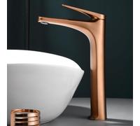 IMEX - Grifo Lavabo Oro Rosa Caño Alto | Grifo Baño Mezclador Agua Fria y Caliente | Grifería Monomando Efeto Cascada con Caño de Latón y Ahorro de Agua | Serie Delos | Color Oro Rosa Cepillado