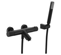 IMEX - Grifo Termostatico Bañera y Ducha Negro | Grifo Mezclador de Pared con Soporte Alcachofa de Ducha y Manguera | Grifería en Latón y Acero Inoxidable S.304 | Serie Line | Color Negro Mate