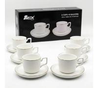 IMEX Juego de 12 tazas de café con platillos y borde dorado, 230 ml, tazas de capuchino y té para 6 personas, juego de vajilla de porcelana blanca, apto para lavavajillas y microondas