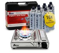 IMEX JY550A-1 - Hornillo de gas butano con maletín de transporte (hornillo | Para exterior y camping, encendido piezoeléctrico, soporte esmaltado, diseño compacto, incluye maletín rígido