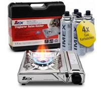 IMEX JY550A-1 - Hornillo de gas butano con maletín de transporte (hornillo | Para exterior y camping, encendido piezoeléctrico, soporte esmaltado, diseño compacto, incluye maletín rígido