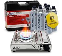 IMEX JY550A-1 - Hornillo de gas butano con maletín de transporte (hornillo | Para exterior y camping, encendido piezoeléctrico, soporte esmaltado, diseño compacto, incluye maletín rígido