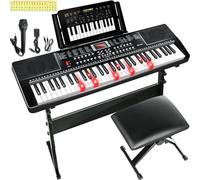 IMGZAR - Piano de teclado de 61 teclas para principiantes con soporte, banco, teclado iluminado, visualización LED, doble paralelo, micrófono, soporte de partitura, pegatinas para notas