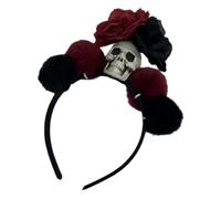 IMIKEYA Diadema de Halloween Calavera y Doble Pompones de Peluche Flores Rojas Oscuras Accesorio Cosplay para Mujer y Niñas Diadema Decorativa Ligera para Fiestas y Carnaval