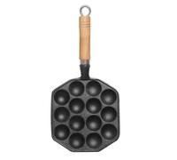 IMIKEYA Molde para Hornear Takoyaki de Fundición 14 Agujeros, Sartén para Parrilla Antiadherente Mango de Madera, Accesorio para Cocinar Platos Japoneses y Repostería Casera