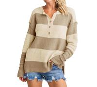 Imily Bela Jersey de punto para mujer, a rayas, manga larga, cuello en V, para otoño e invierno, beige, S
