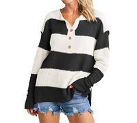 Imily Bela Jersey de punto para mujer, a rayas, manga larga, cuello en V, para otoño e invierno, Negro , S