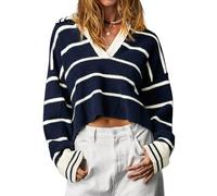 Imily Bela Jersey de punto para mujer, cuello de pico, a rayas, cuello de polo, azul, M