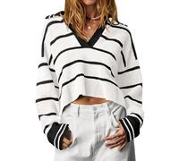 Imily Bela Jersey de punto para mujer, cuello de pico, a rayas, cuello de polo, Blanco, L