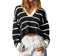 Imily Bela Jersey de punto para mujer, cuello de pico, a rayas, cuello de polo, Negro , L