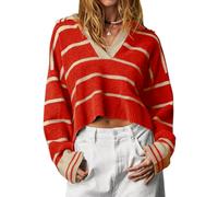 Imily Bela Jersey de punto para mujer, cuello de pico, a rayas, cuello de polo, rojo, L