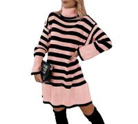 Imily Bela Vestido de punto para mujer, a rayas, cuello alto, manga larga, elegante, para invierno, largo hasta la rodilla, suelto, Rosa., M