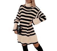 Imily Bela Vestido de punto para mujer, a rayas, cuello alto, manga larga, elegante, para invierno, largo hasta la rodilla, suelto, beige, M
