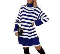 Imily Bela Vestido de punto para mujer a rayas cuello vuelto vestido tipo jersey manga larga elegante vestido de invierno hasta la rodilla holgado, azul, M