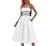 Imily Bela Vestido de verano para mujer, tirantes delgados, vestido largo de línea A, fruncido, vestido de playa con bolsillos, Blanco, L
