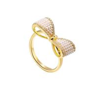 IMINI - Anillo abierto de lazo de mariposa chapado en oro con perlas y | Anillo ajustable promise compromiso boda compromiso cumpleaños elegante cristal brillante moda regalo mujer joya
