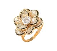 IMINI Anillo ajustable de flor de camelia con diamantes de imitación brillantes, triple capa, circonita cúbica, anillo abierto, tallas L 1/2 a T 1/2, joyería de compromiso de eternidad para mujer