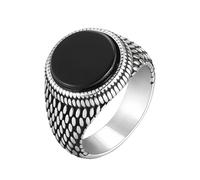 IMINI Anillo de sello de piedra vintage para hombres y mujeres, acero inoxidable plateado antiguo, banda para nudillos para pulgar, joyería retro de motociclista, ágata negra, ojo de tigre, regalo