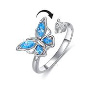 IMINI Anillo giratorio de mariposa con circonita cúbica azul para mujeres y niñas, para la ansiedad, gira libremente, inspiraciones, joyería, calmante, preocupación, meditación, ajustable, apilable,