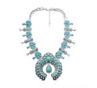IMINI - Collar bohemio, para mujer, colgante de flor turquesa larga, joya vintage estilo hippie con piedra Squash Blossom, collar corbata exagerada, regalo para mujer, joya festival occidental y boho