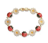 IMINI Daisy Ladybird - Pulsera de tenis para mujer, chapado en oro, cobre y esmalte rojo, diseño de mariquita escarabajo, delicada pulsera floral de 19 cm, joyería de naturaleza dulce para uso diario