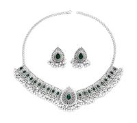 IMINI Juego de joyas indias vintage para mujer: collar de gargantilla de plata antigua oxidada y pendientes boho nupcial regalo de boda con cristales festivos étnicos para fiestas, medianos y metales