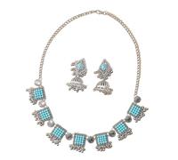 IMINI Juego de pendientes y gargantilla Jhumki rectangulares chapados en plata para mujer, joyería tradicional india vintage para bodas, diseño antiguo de Bollywood con borla de cuentas, Medium, Metal