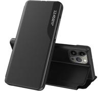 IMIRST Smart View - Funda de piel con tapa para iPhone 16e con soporte, elegante espejo transparente, media ventana, para Apple iPhone 16e. QHA: negro