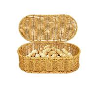 Imitation Rattan Storage Basket With Lid | Rustic Farmhouse Woven Organizer Bin For Bathroom Shelf Countertop | Narrow Rectangular Space Saving Basket For Kitchen Bedroom Vanity Toilet Tank Storage