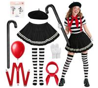 ImnBest 10 unidades de disfraz de carnaval pantomima para mujer y hombre, boina negra, paños rojos, guantes blancos, tatuaje de falda negra, calcetines hinchables, disfraz de payaso para mujer