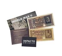 IMPACTO COLECCIONABLES | 2 Billetes Auténticos de la Segunda Guerra Mundial (Invasión del Tercer Reich) | Piezas de Colección Históricas de 20 y 50 Reichsmark con Certificado de Autenticidad